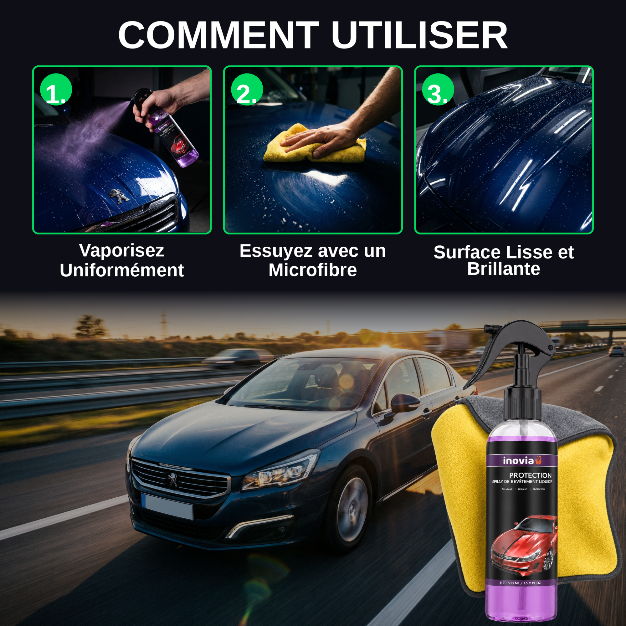 P10 | Spray rénovateur carrosserie | Protège, fait briller et atténue les micro-rayures en un seul geste.