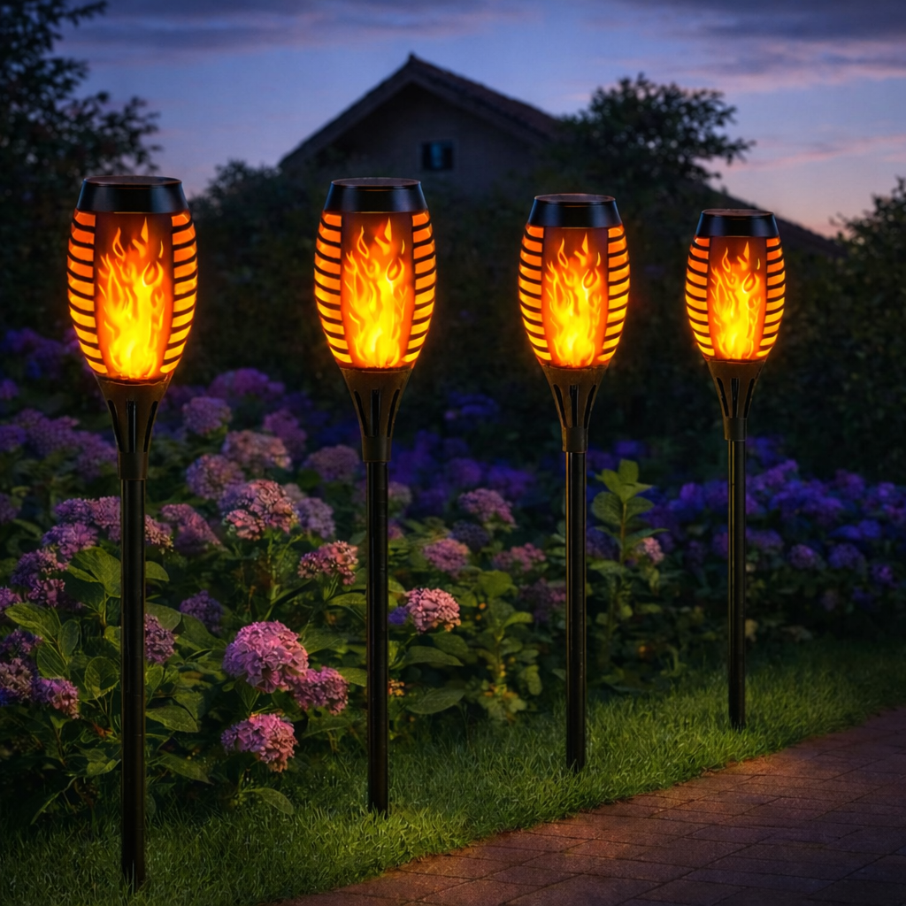 Lampe Solaire Extérieure Effet Flamme LED Étanche – Torche Jardin à Piquer Rechargeable – Lot de 4