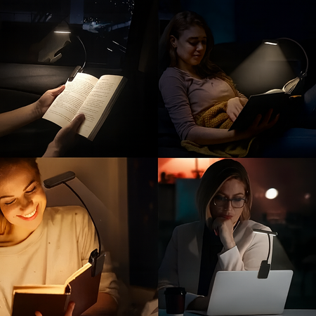 Lampe de lecture à clip rechargeable USB avec lumière douce et fonction mémoire