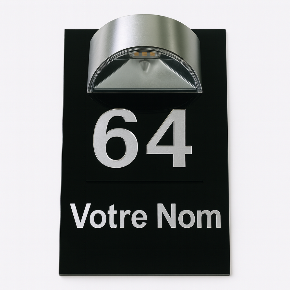 Plaque d’entrée solaire personnalisable noire avec écriture argentée – Lumineuse et résistante extérieur