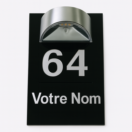 Plaque d’entrée solaire personnalisable noire avec écriture argentée – Lumineuse et résistante extérieur