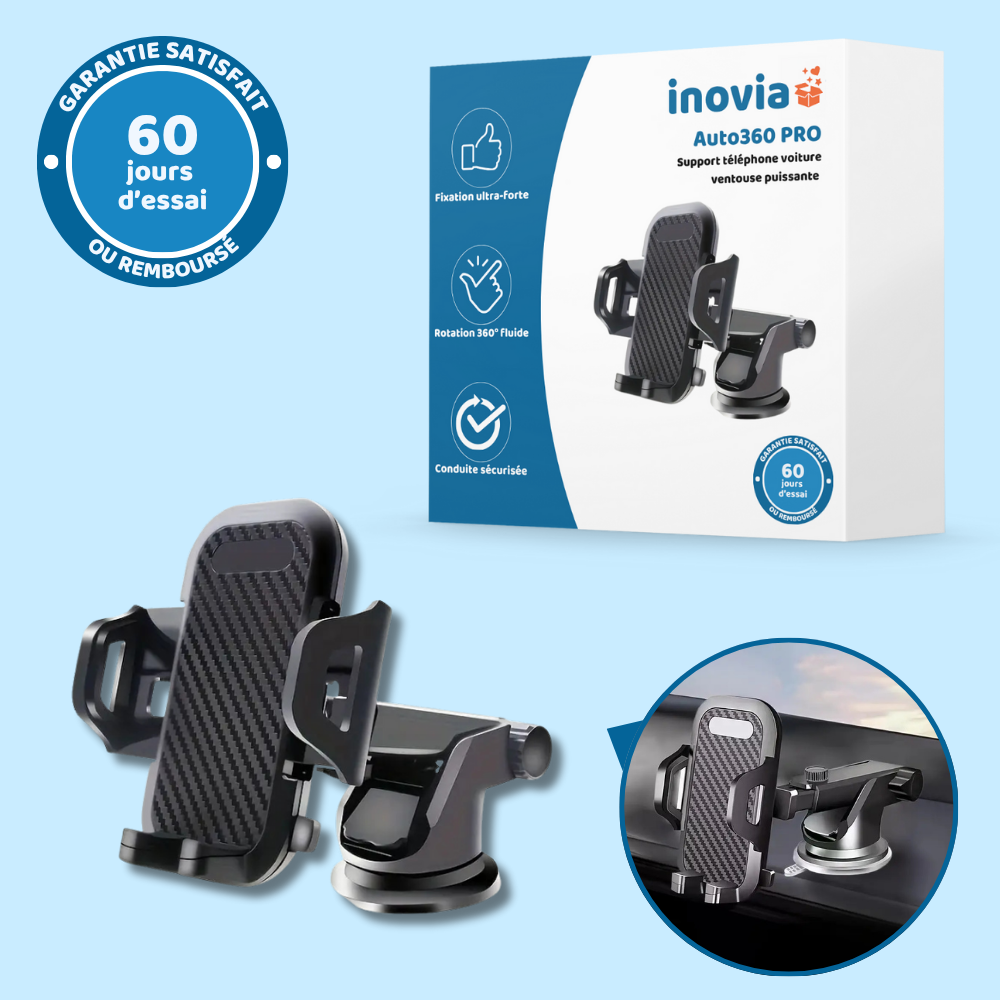 Auto360 PRO – Support téléphone voiture universel à ventouse 360° pour tableau de bord