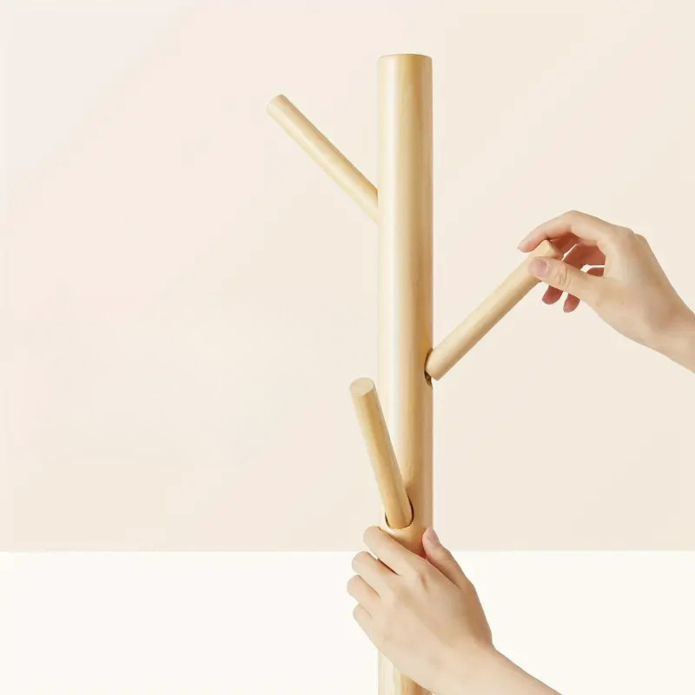 Porte-manteau autoportant en bois massif – 8 crochets réglables pour manteaux, sacs et chapeaux