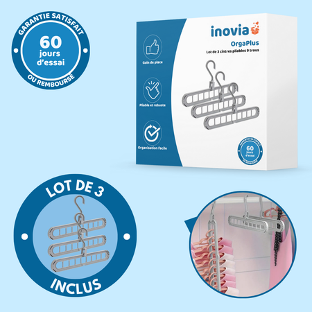 OrgaPlus Lot de 3 Cintres Pliables 9 Trous – Organisateur Gain de Place pour Dressing, Chambre et Placard