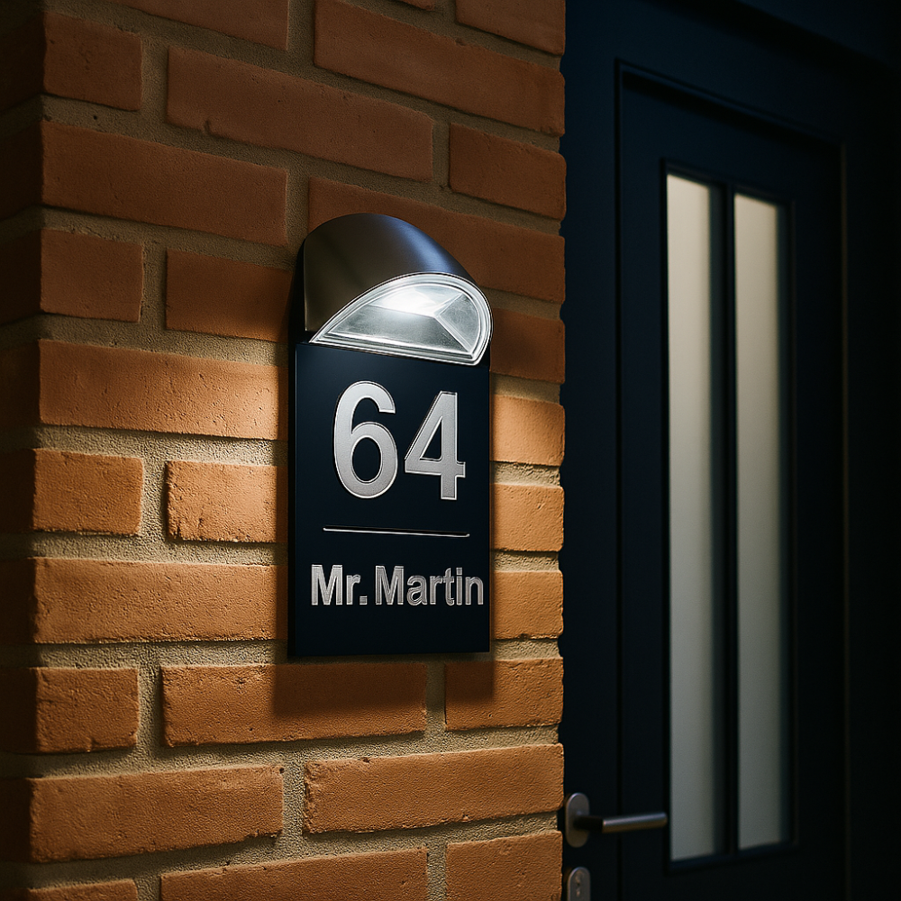 Plaque d’entrée solaire personnalisable noire avec écriture argentée – Lumineuse et résistante extérieur