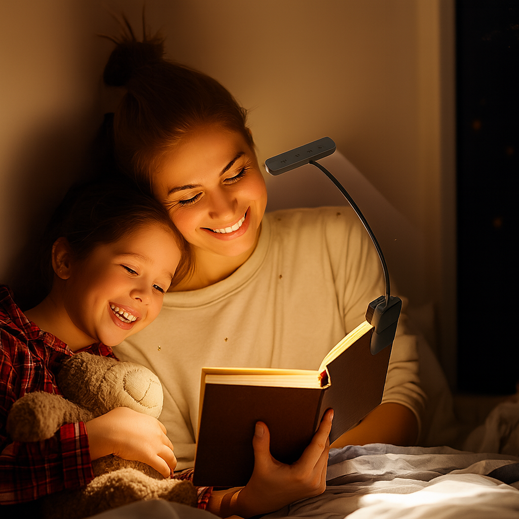 Lampe de lecture à clip rechargeable USB avec lumière douce et fonction mémoire