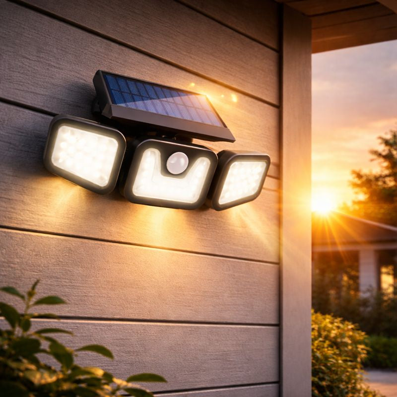 Lampe Solaire Sécurité 3 Têtes LED avec Détecteur de Mouvement – Projecteur Extérieur Étanche IP65, Autonomie 12h