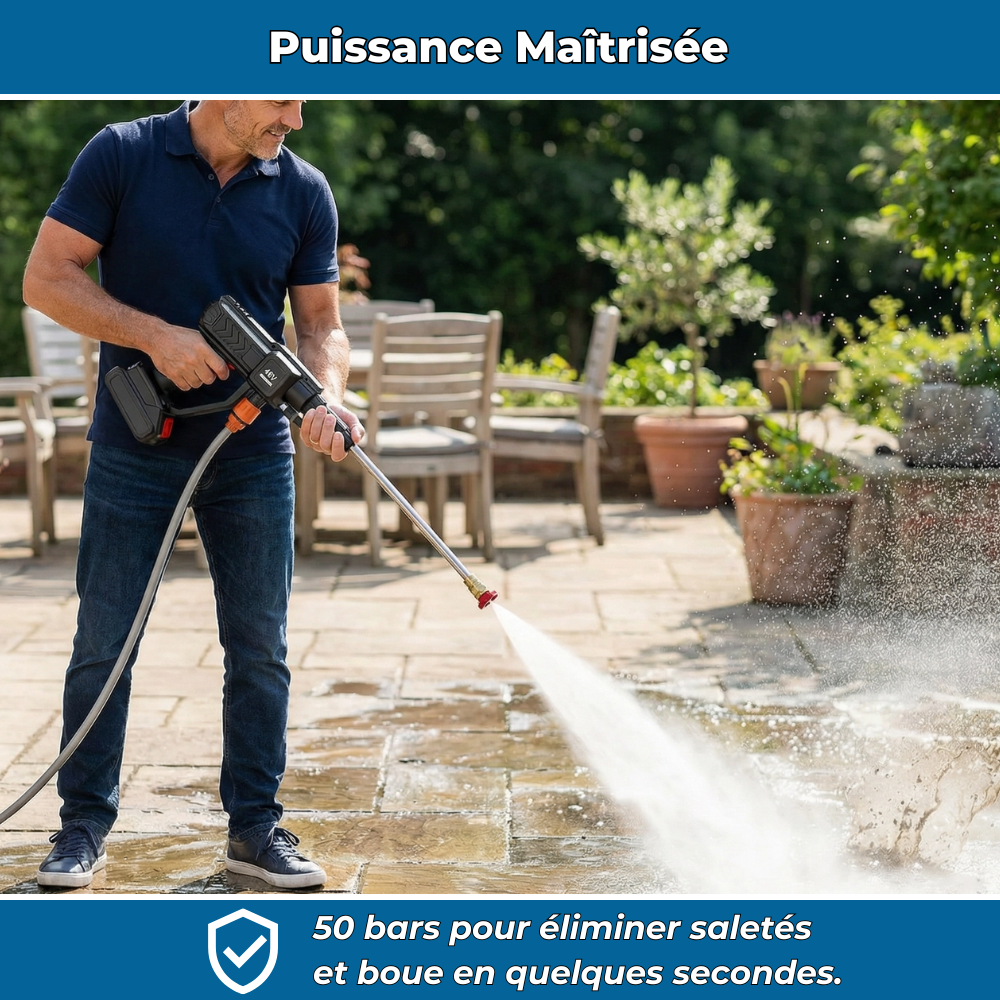 HydroClean PRO | Nettoyeur Haute Pression Électrique 21V Sans Fil | 50 Bars Portable avec Batterie